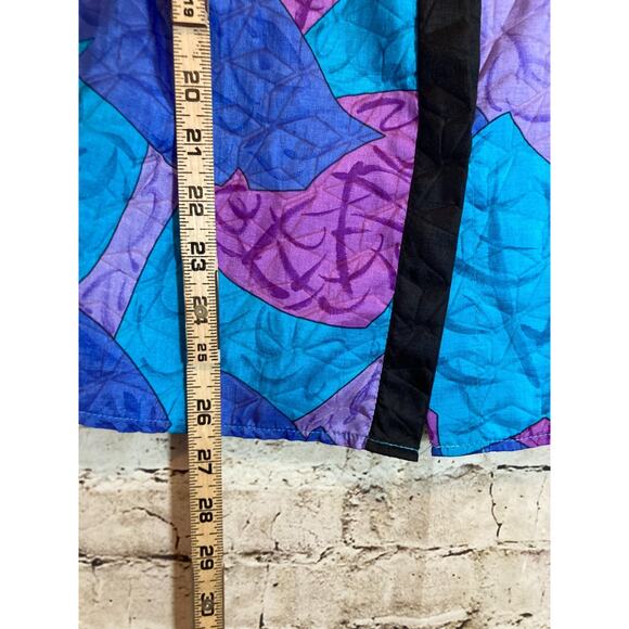 Vintage Bernini Top Womens 14 Cobalt & Purple Leaf Print Satin Button Front 80s - Picture 11 of 15